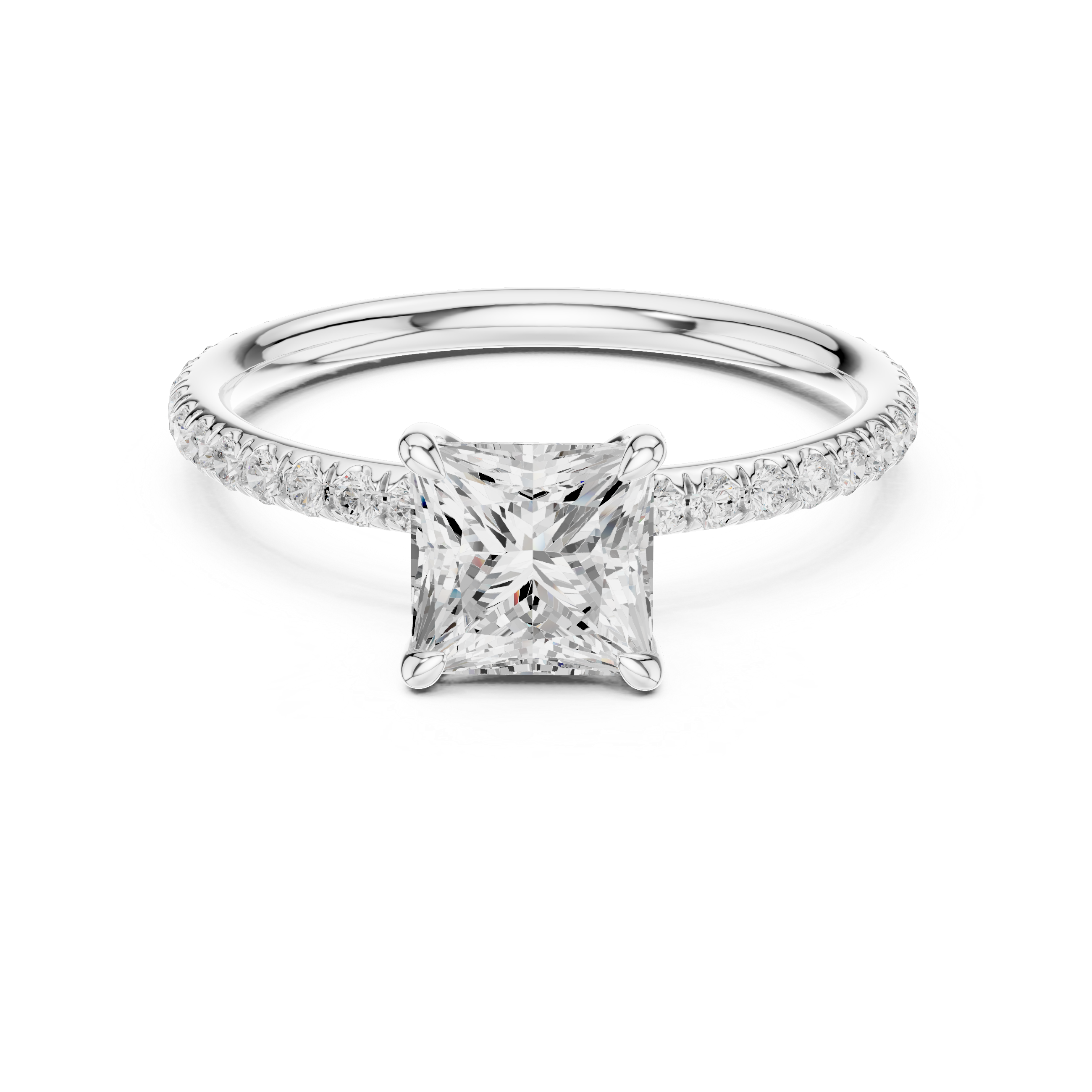 White gold diamond engagement ring with round center stone and pavé halo band