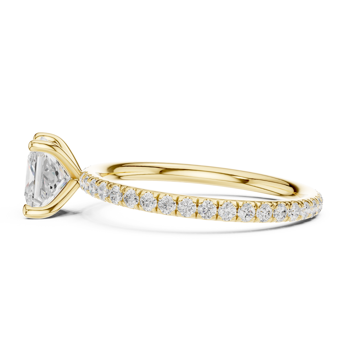 Yellow gold princess-cut solitaire diamond ring with pavé band, side view, four-prong setting