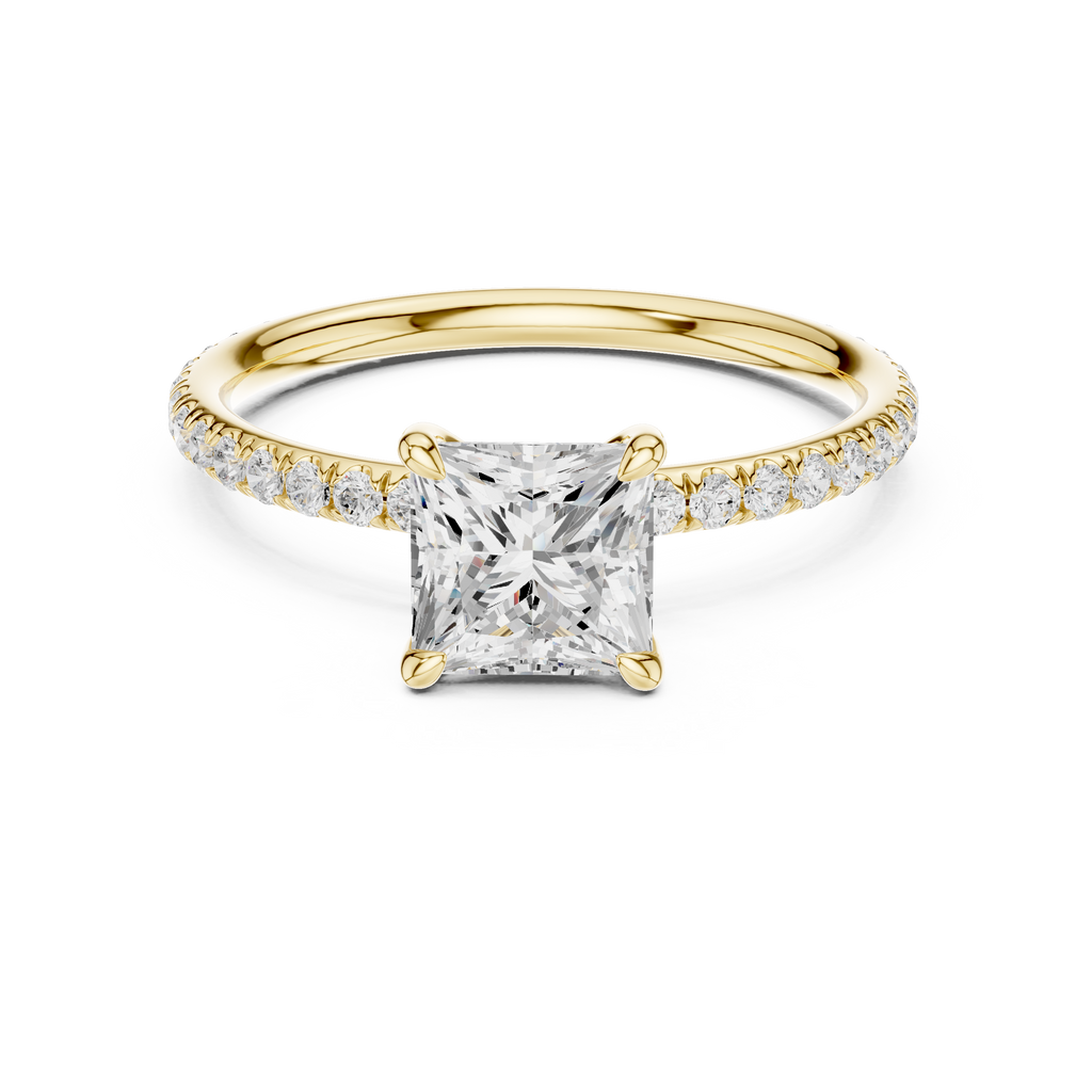 Yellow gold diamond engagement ring with round center stone and pavé halo band