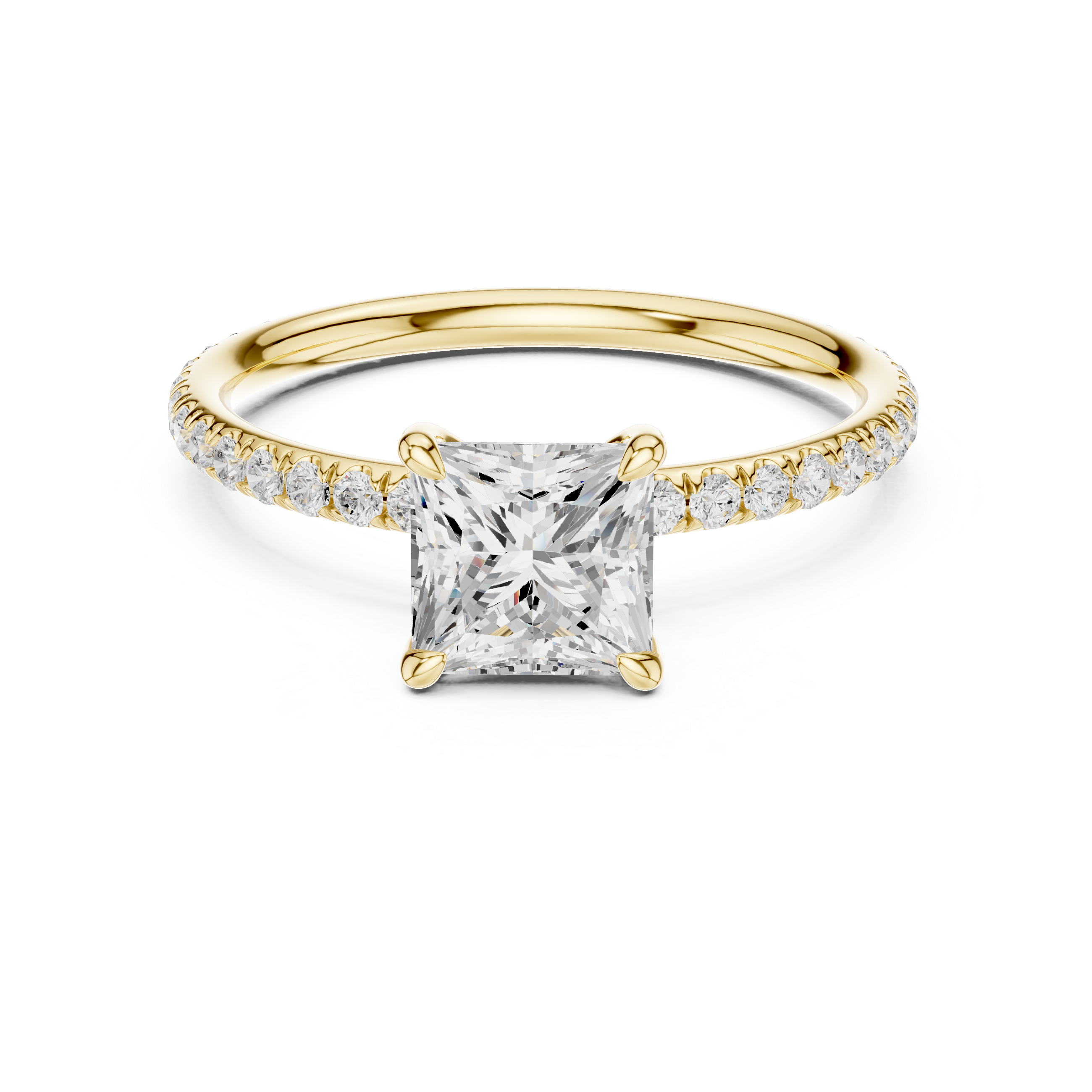Yellow gold diamond engagement ring with round center stone and pavé halo band