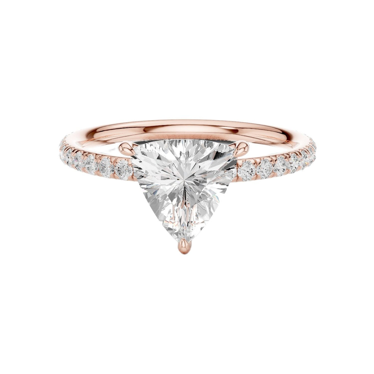 Triangular diamond accent ring, rose gold band with pavé stones and triangular center diamond