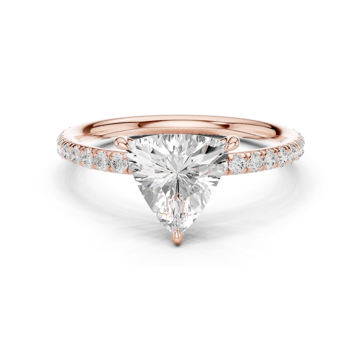 Triangular diamond accent ring, rose gold band with pavé stones and triangular center diamond
