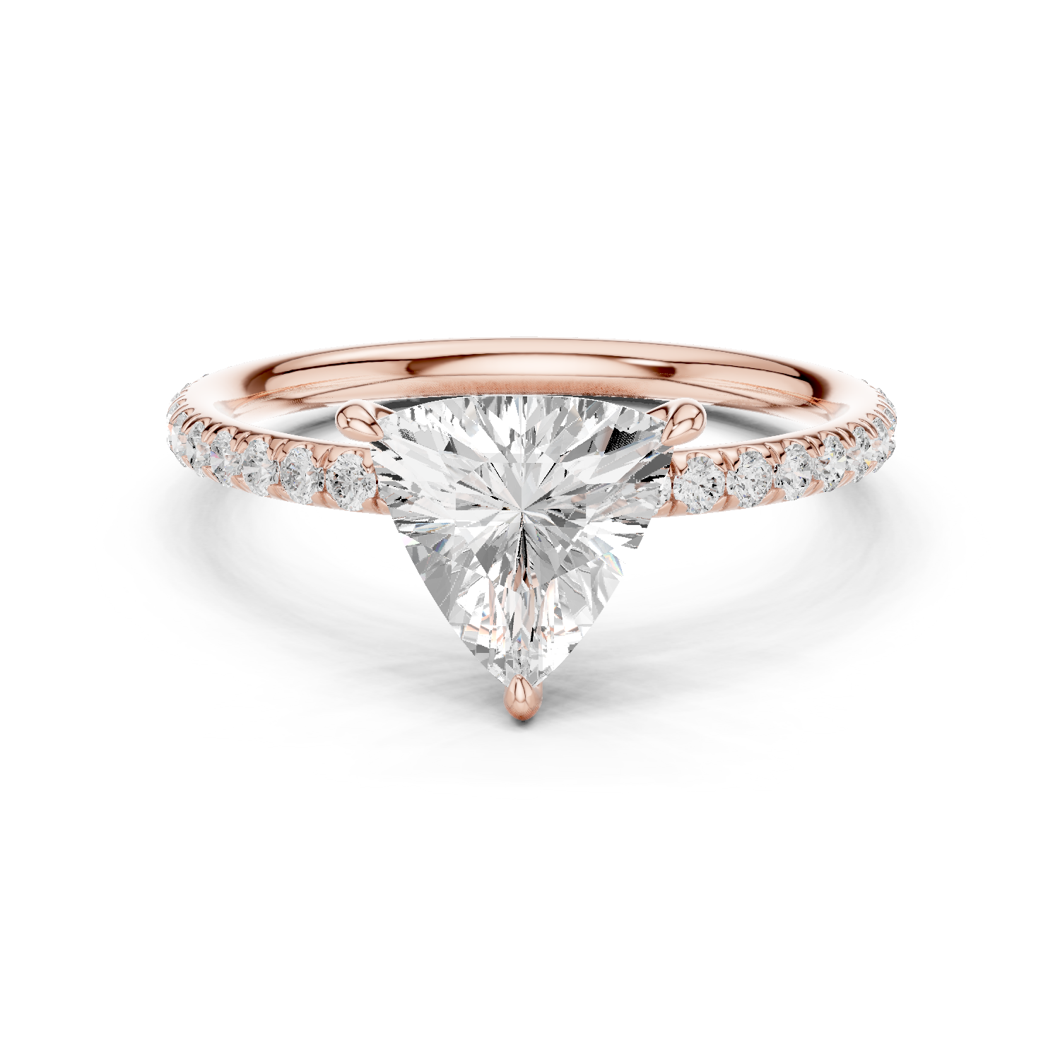 Rose gold trillion diamond ring with pave-set side stones