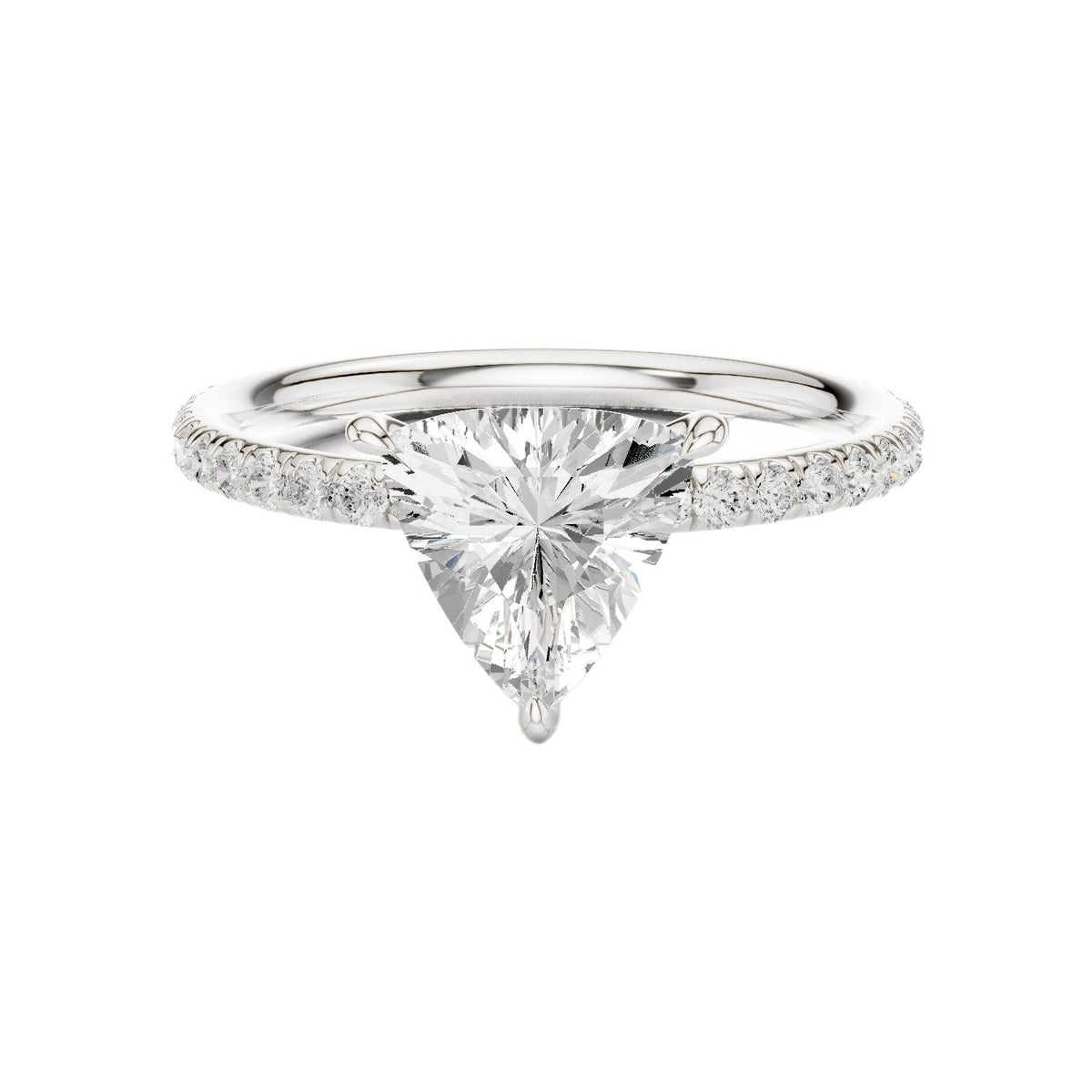 Triangular diamond accent ring, white gold band with pavé stones and triangular center diamond