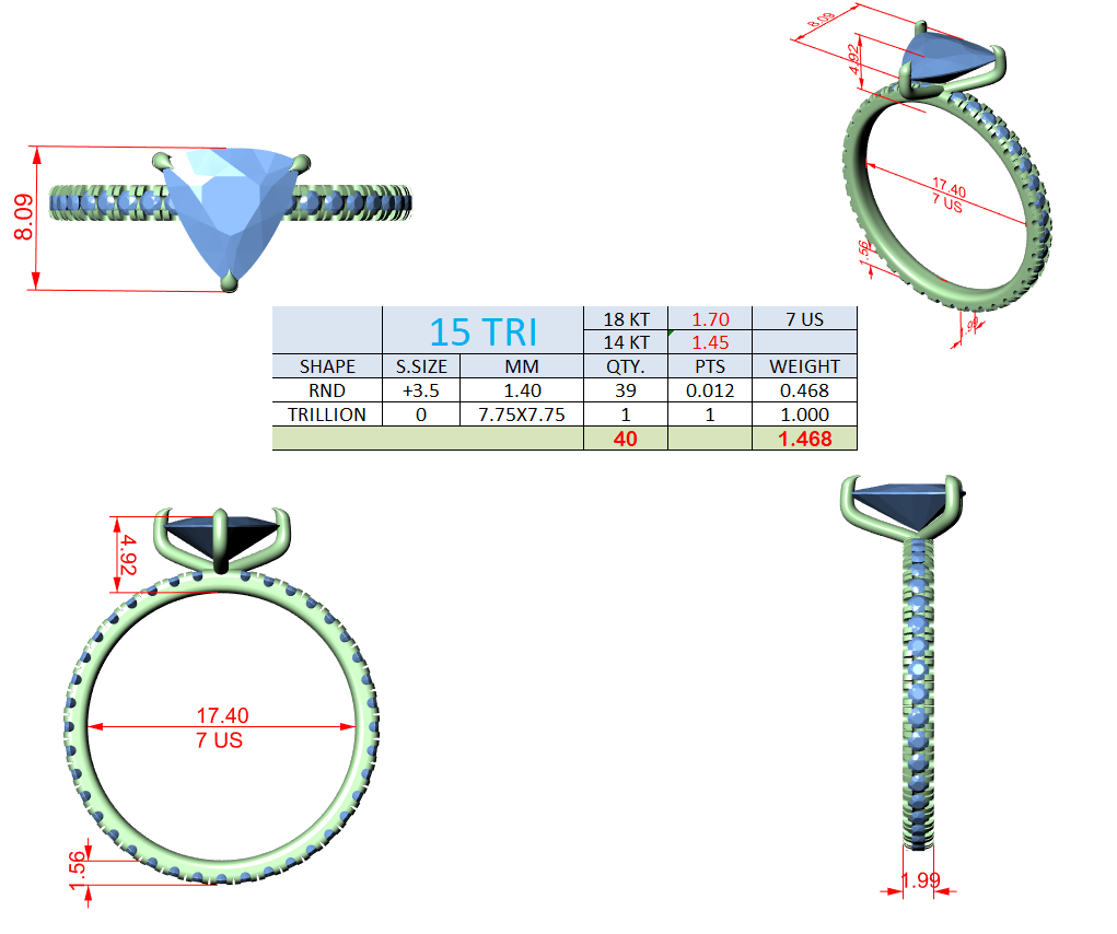 Trillion ring size diagram with measurements and metal cross-section