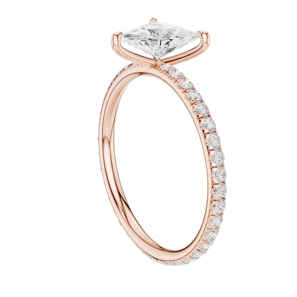 Triangular diamond accent ring, rose gold with pavé halo band and triangular center diamond