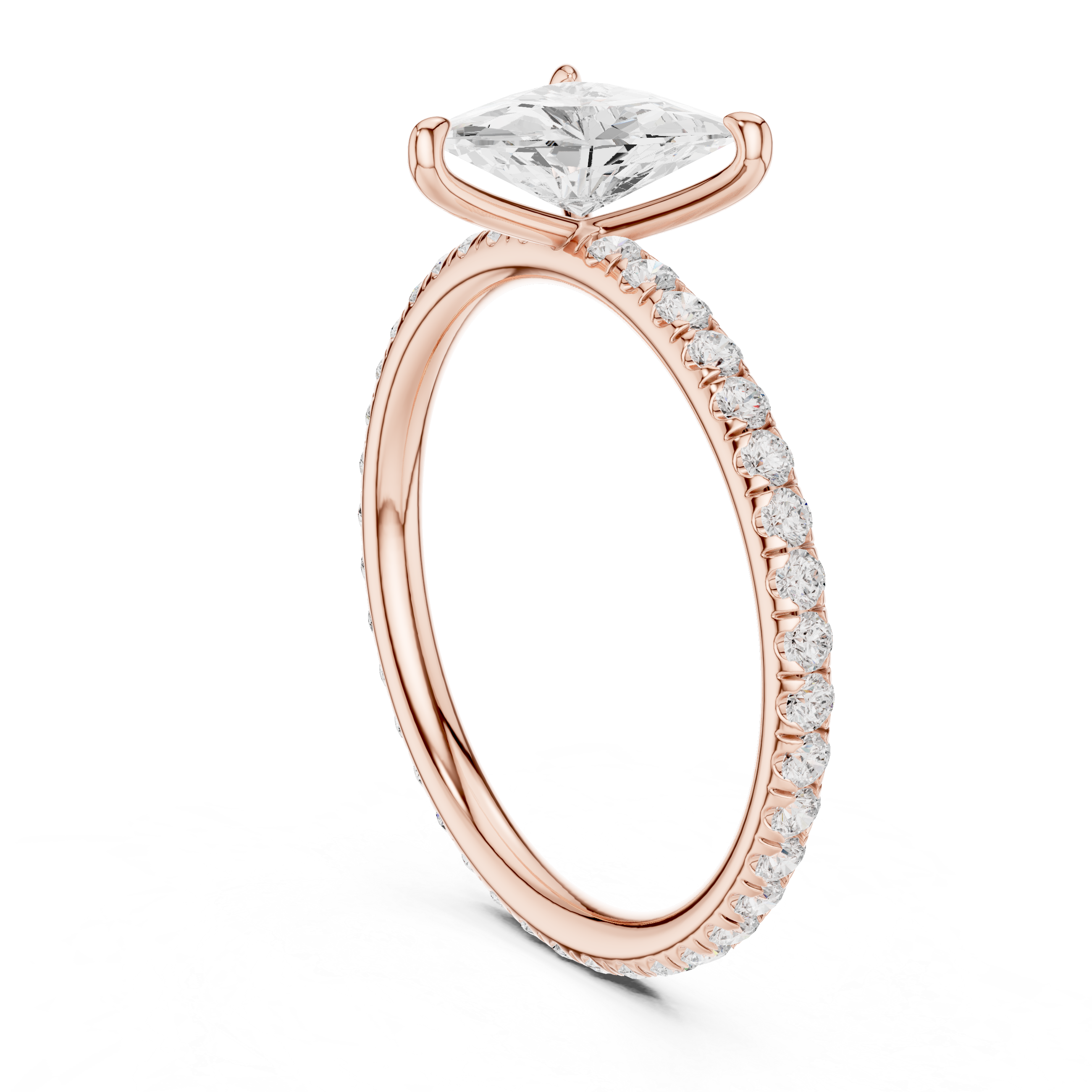 Rose gold trillion diamond engagement ring with pave band