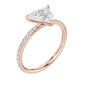 Triangular diamond accent ring, rose gold band set with pavé stones around triangular center diamond