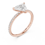 Triangular diamond accent ring, rose gold band set with pavé stones around triangular center diamond