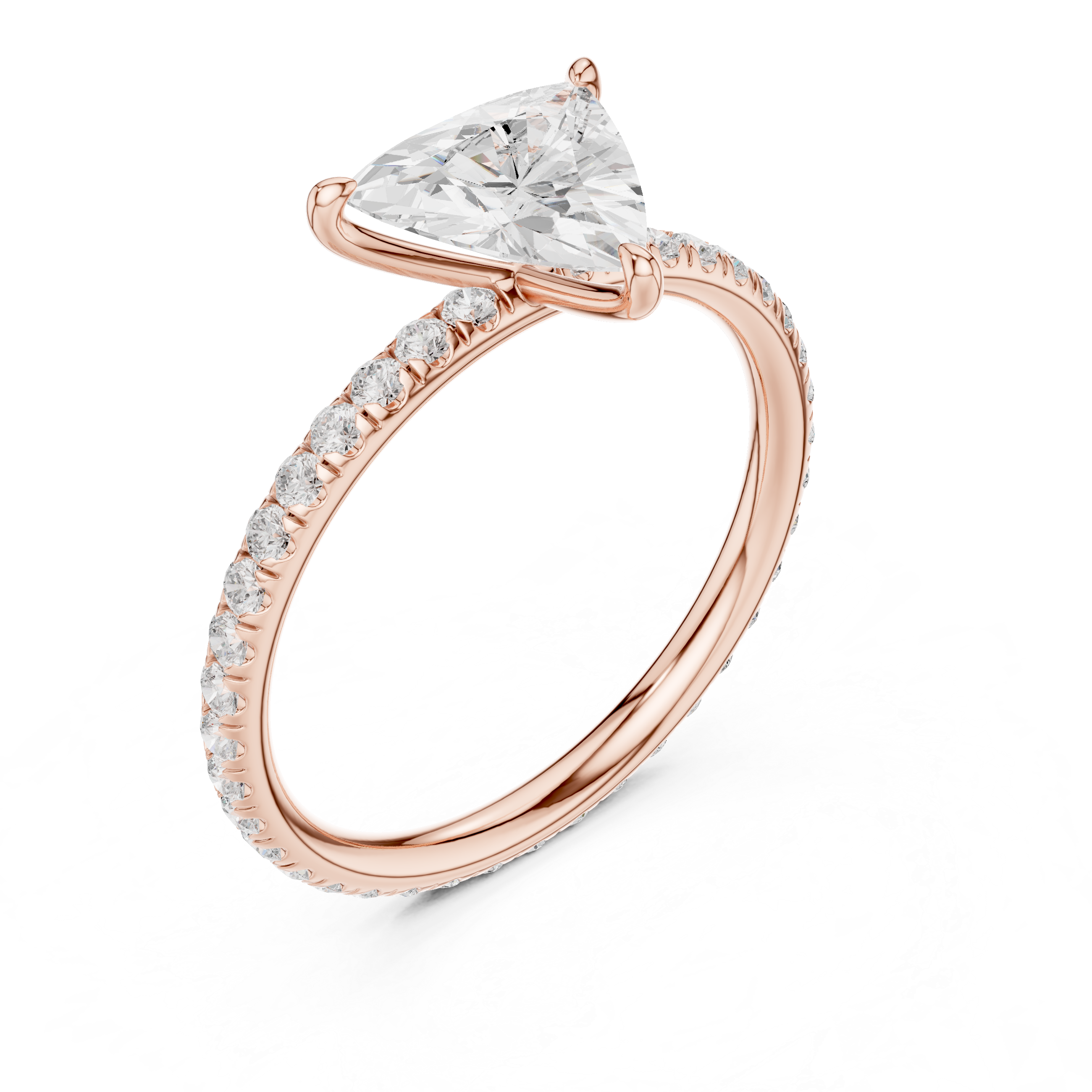 Angled view rose gold trillion diamond engagement ring with pave band
