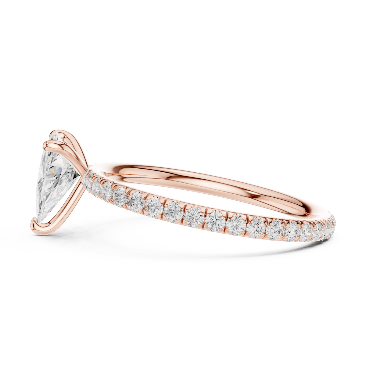 Triangular diamond accent ring, rose gold profile with pavé stones and triangular center diamond