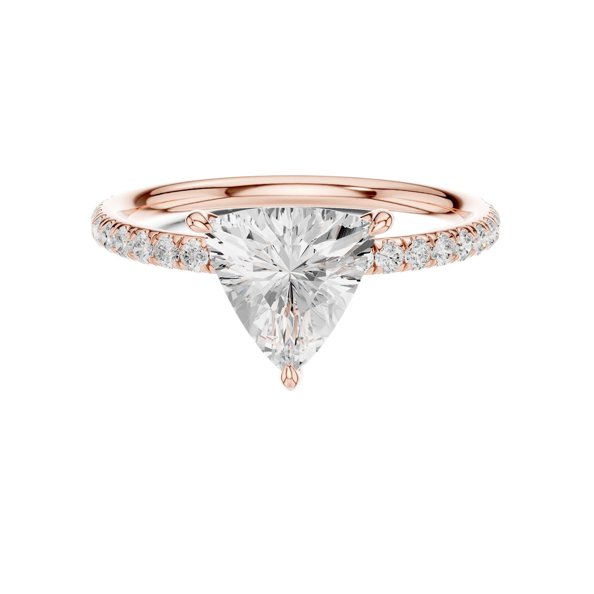 Triangular diamond accent ring, rose gold band with pavé stones and triangular center stone front view