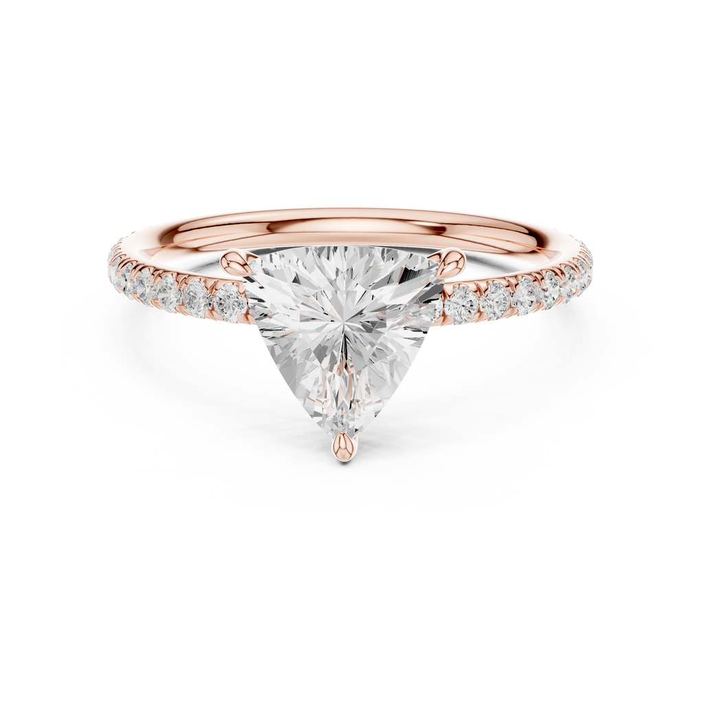 Rose gold trillion diamond ring with pave-set band and center stone