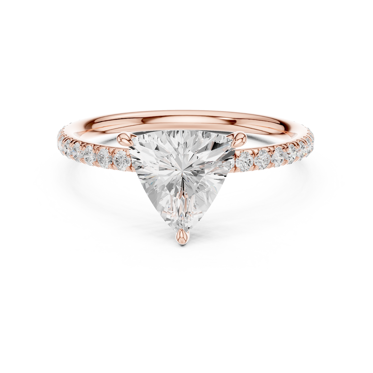 Triangular diamond accent ring, rose gold band with pavé stones and triangular center stone front view