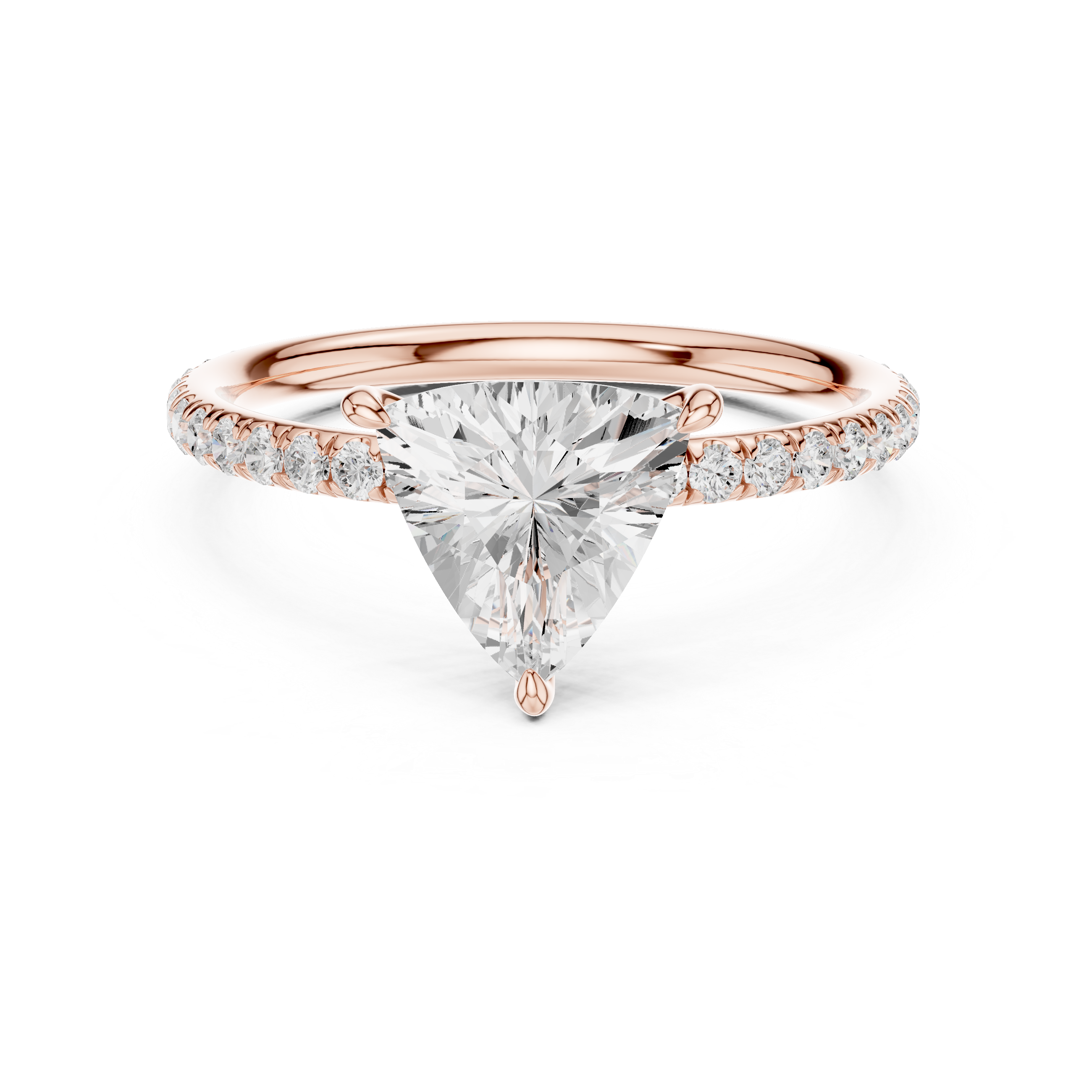 Rose gold trillion diamond ring with pave-set band and center stone