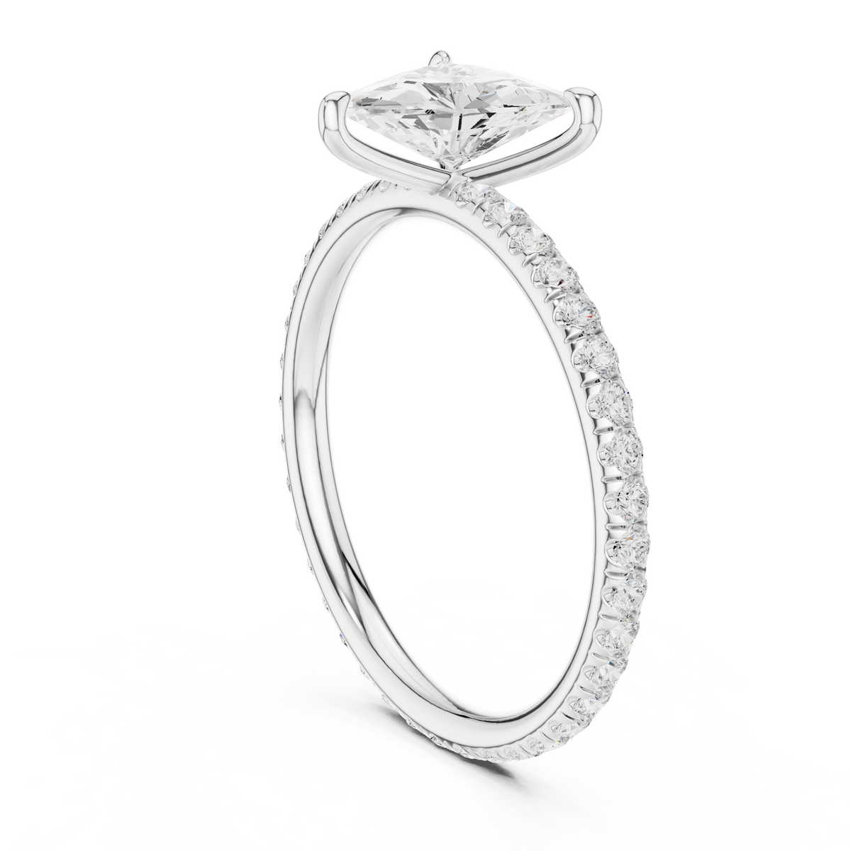 Triangular diamond accent ring, platinum with pavé band and triangular center diamond top view