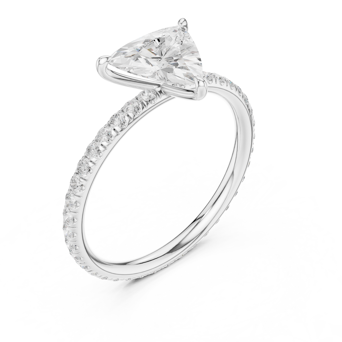 Triangular diamond accent ring, platinum band set with pavé stones and triangular center diamond