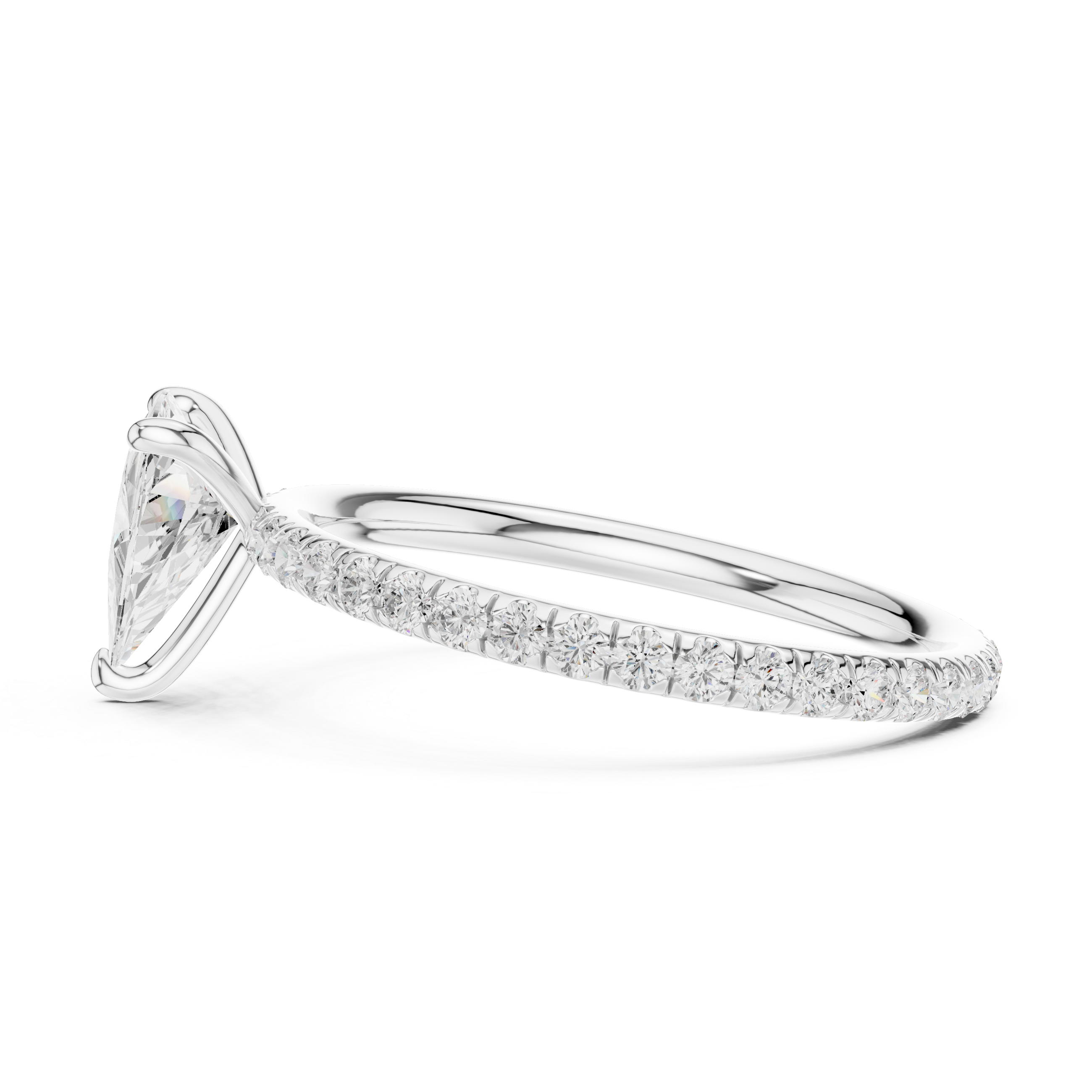 Silver-tone diamond halo ring with large center stone and pavé band, side view