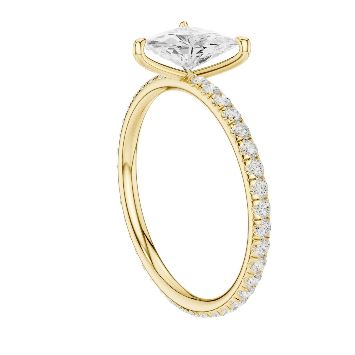 Yellow gold diamond ring with large faceted center stone and pavé halo, angled view