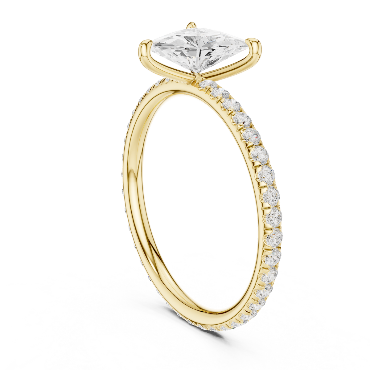 Yellow gold diamond ring with large faceted center stone and pavé halo, angled view