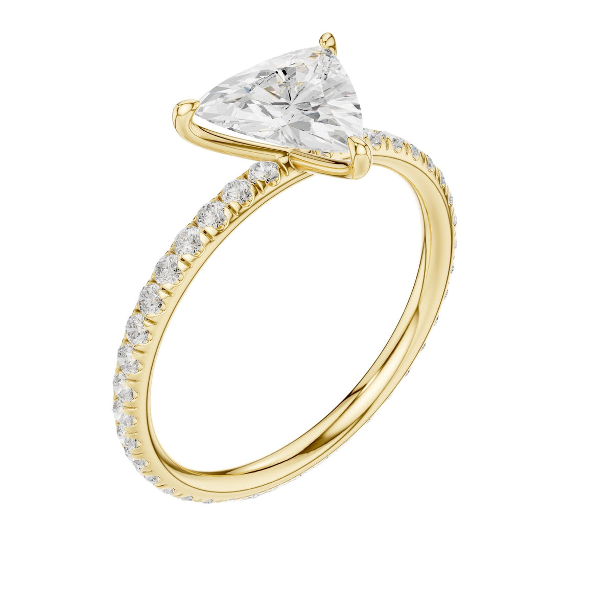 Yellow gold diamond ring with faceted center stone and pavé side halo, 3/4 view