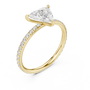Yellow gold diamond ring with faceted center stone and pavé side halo, 3/4 view