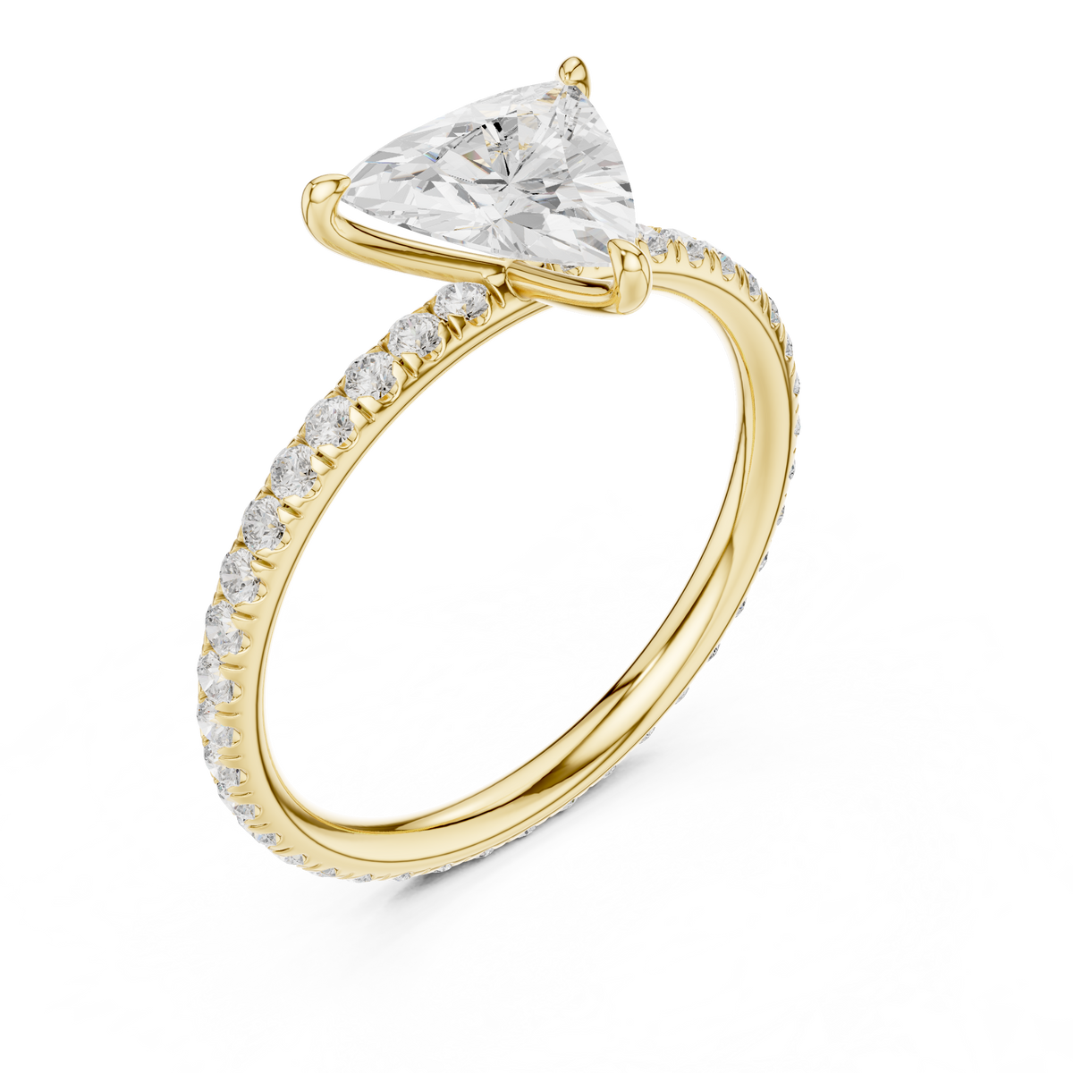Yellow gold diamond ring with faceted center stone and pavé side halo, 3/4 view