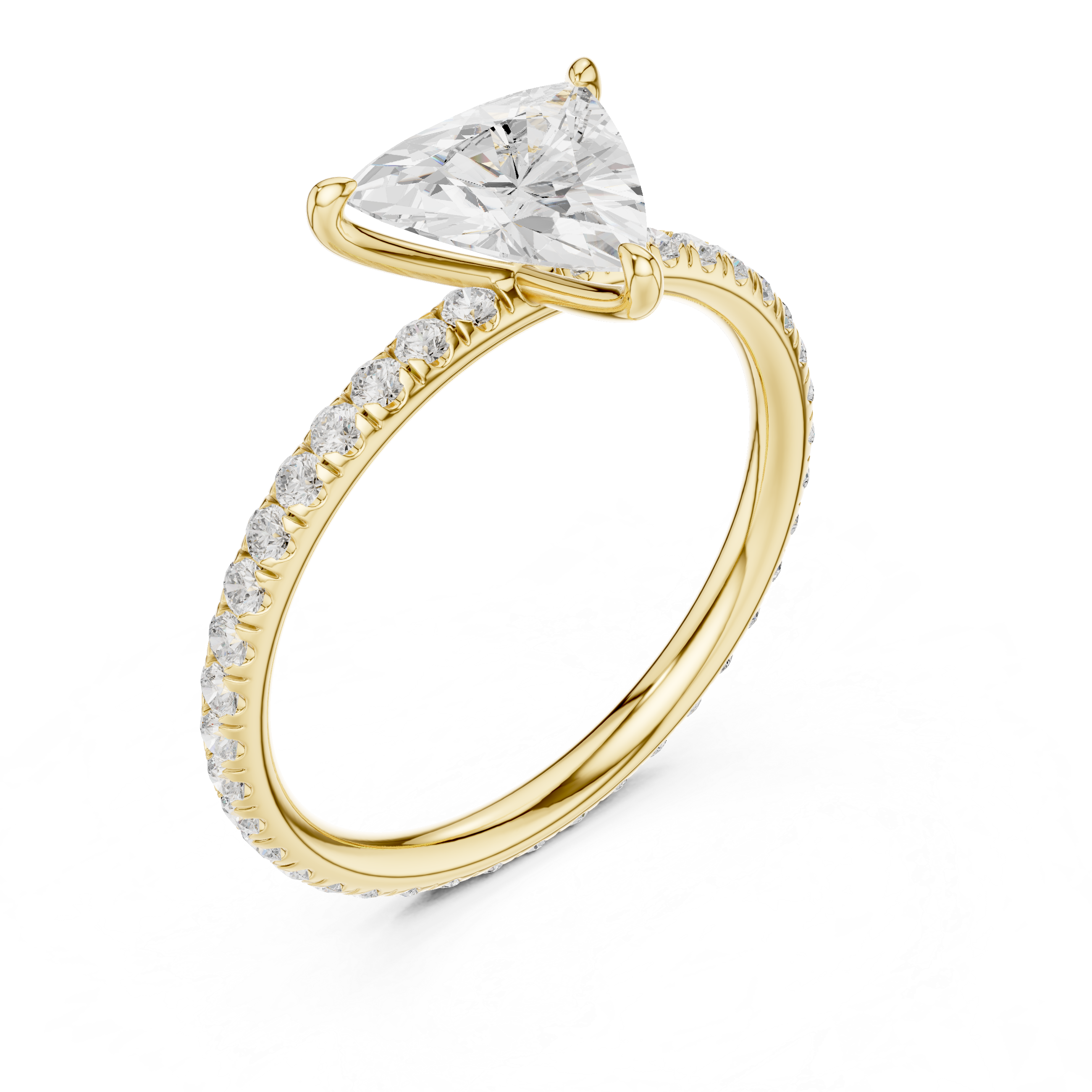 Yellow gold diamond ring with faceted center stone and pavé side halo, 3/4 view