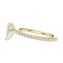 Yellow gold diamond halo ring with large center stone and pavé band, side view