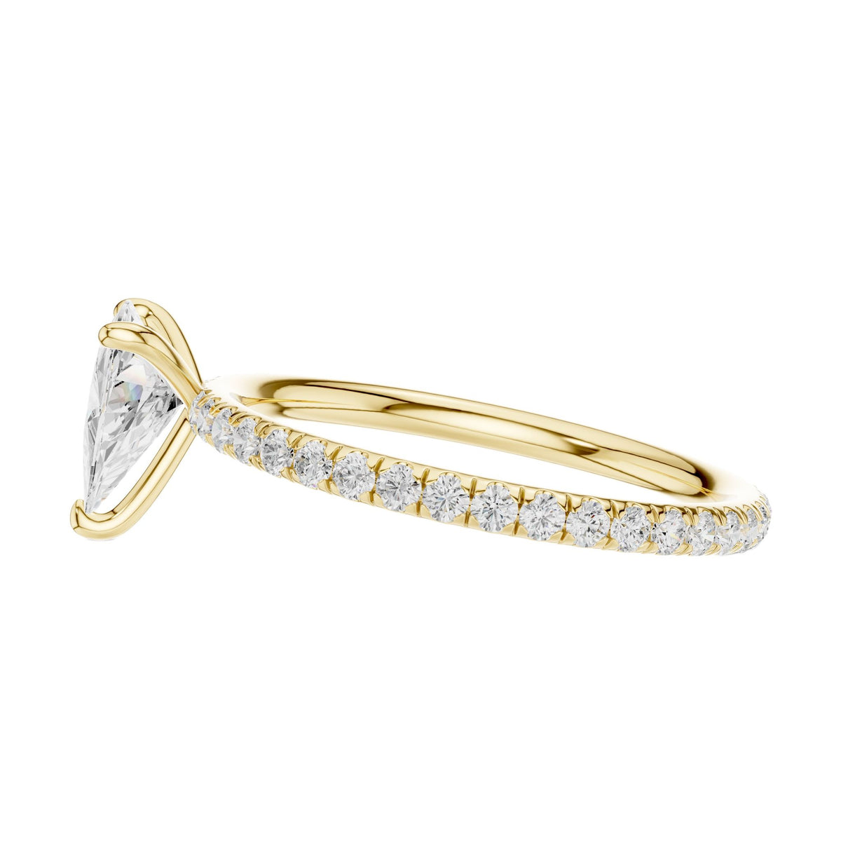 Yellow gold diamond halo ring with large center stone and pavé band, side view