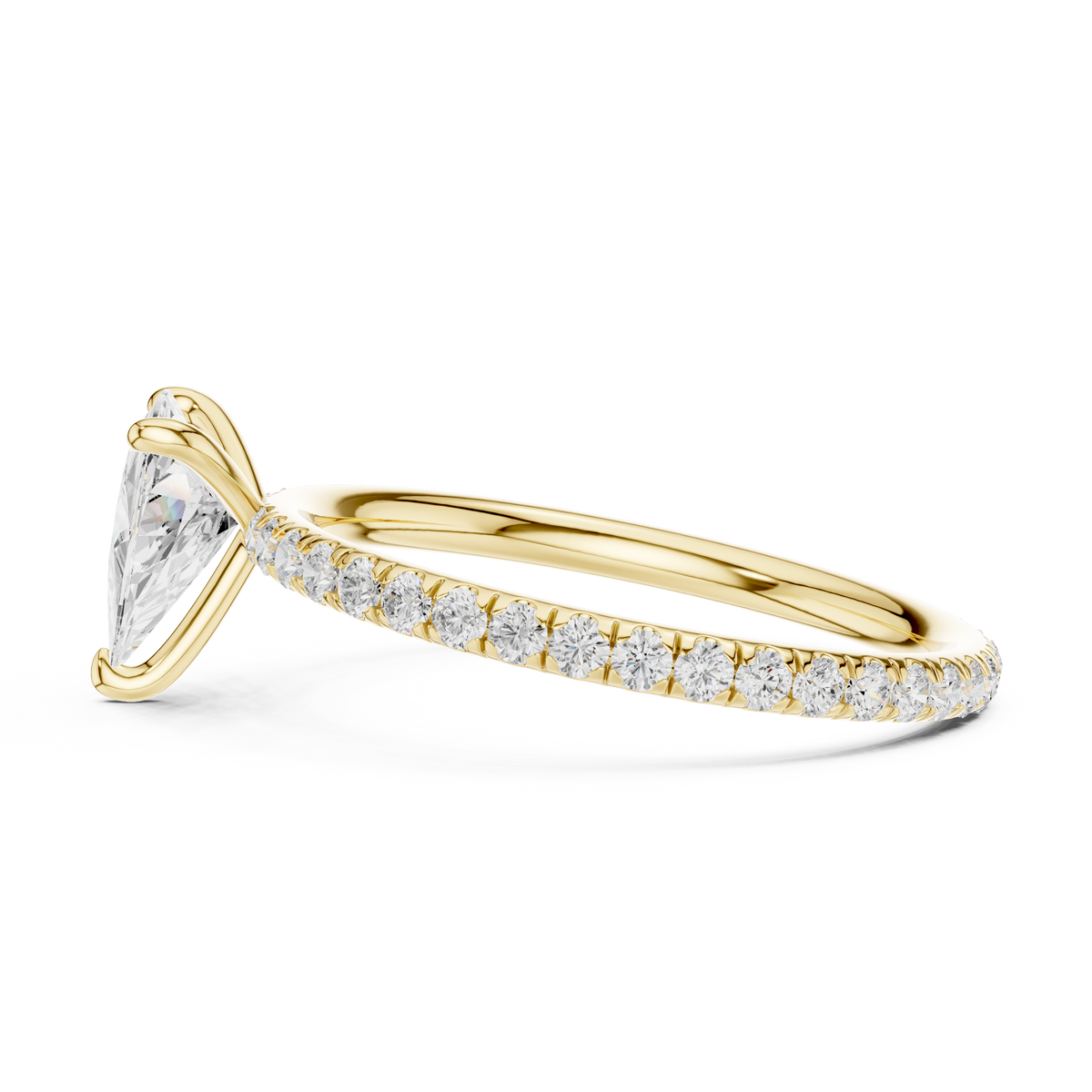 Yellow gold diamond halo ring with large center stone and pavé band, side view