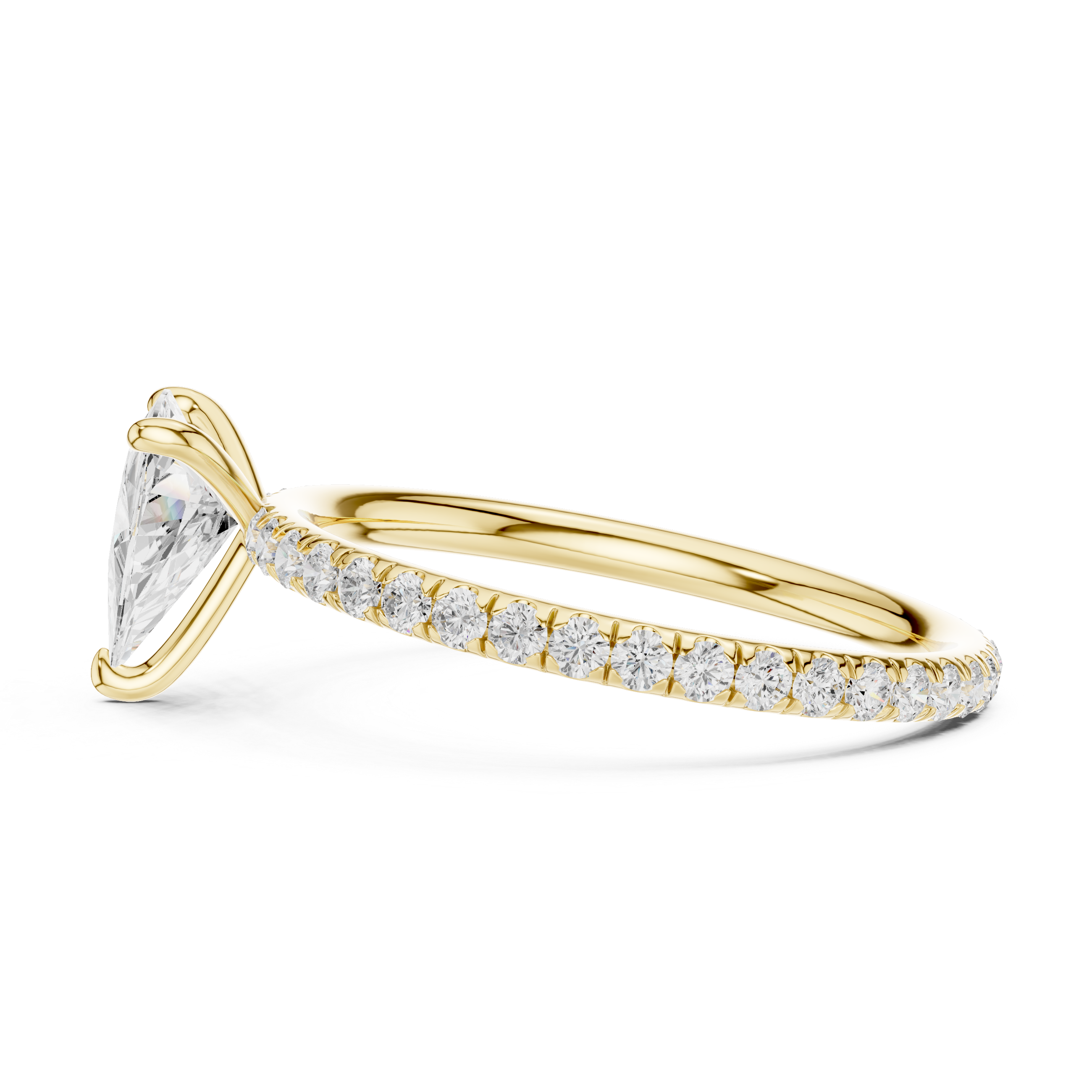 Yellow gold diamond halo ring with large center stone and pavé band, side view
