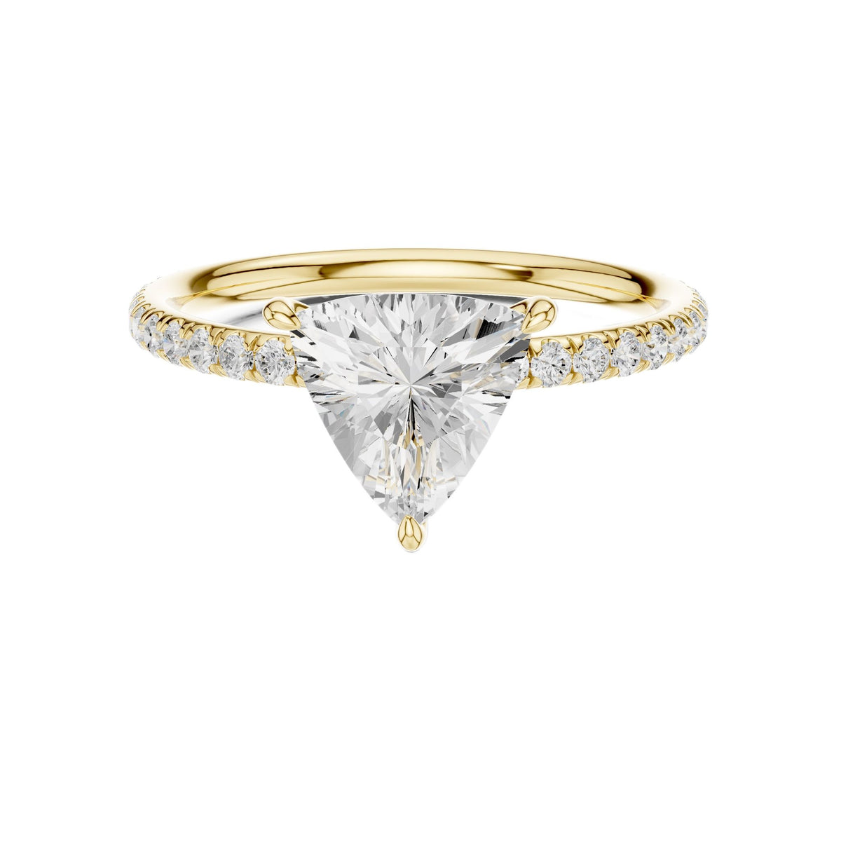 Yellow gold diamond halo engagement ring with large center stone and pavé band, front view