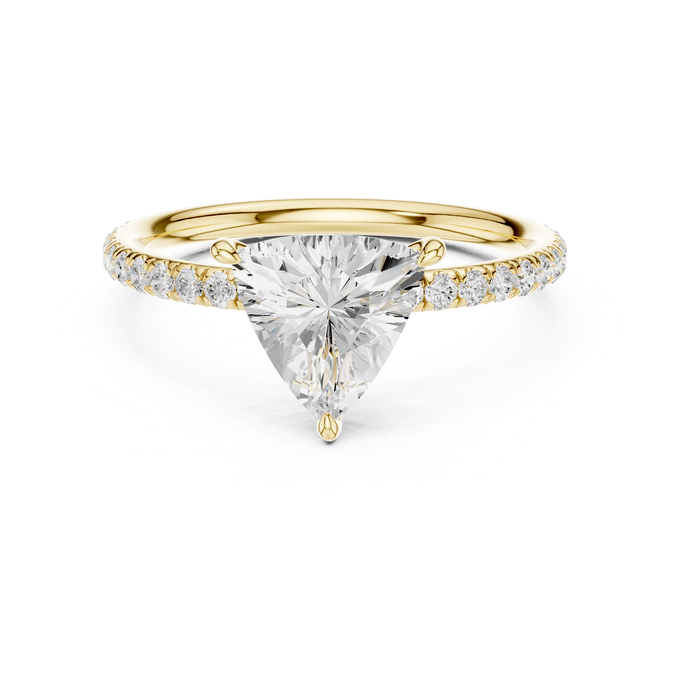 Yellow gold diamond halo engagement ring with large center stone and pavé band, front view