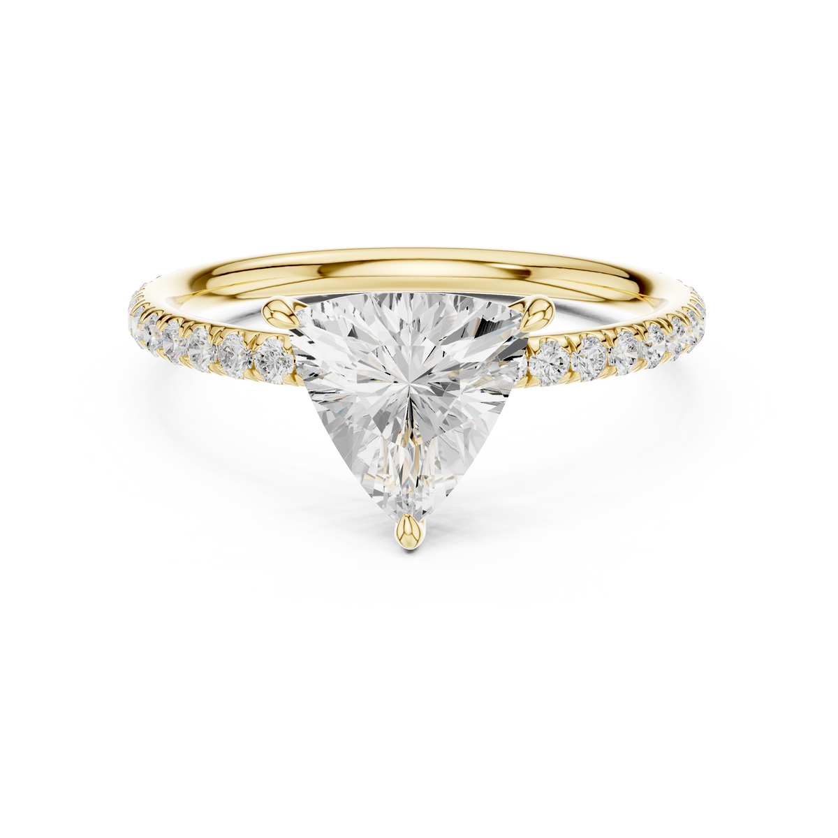 Yellow gold diamond halo engagement ring with large center stone and pavé band, front view