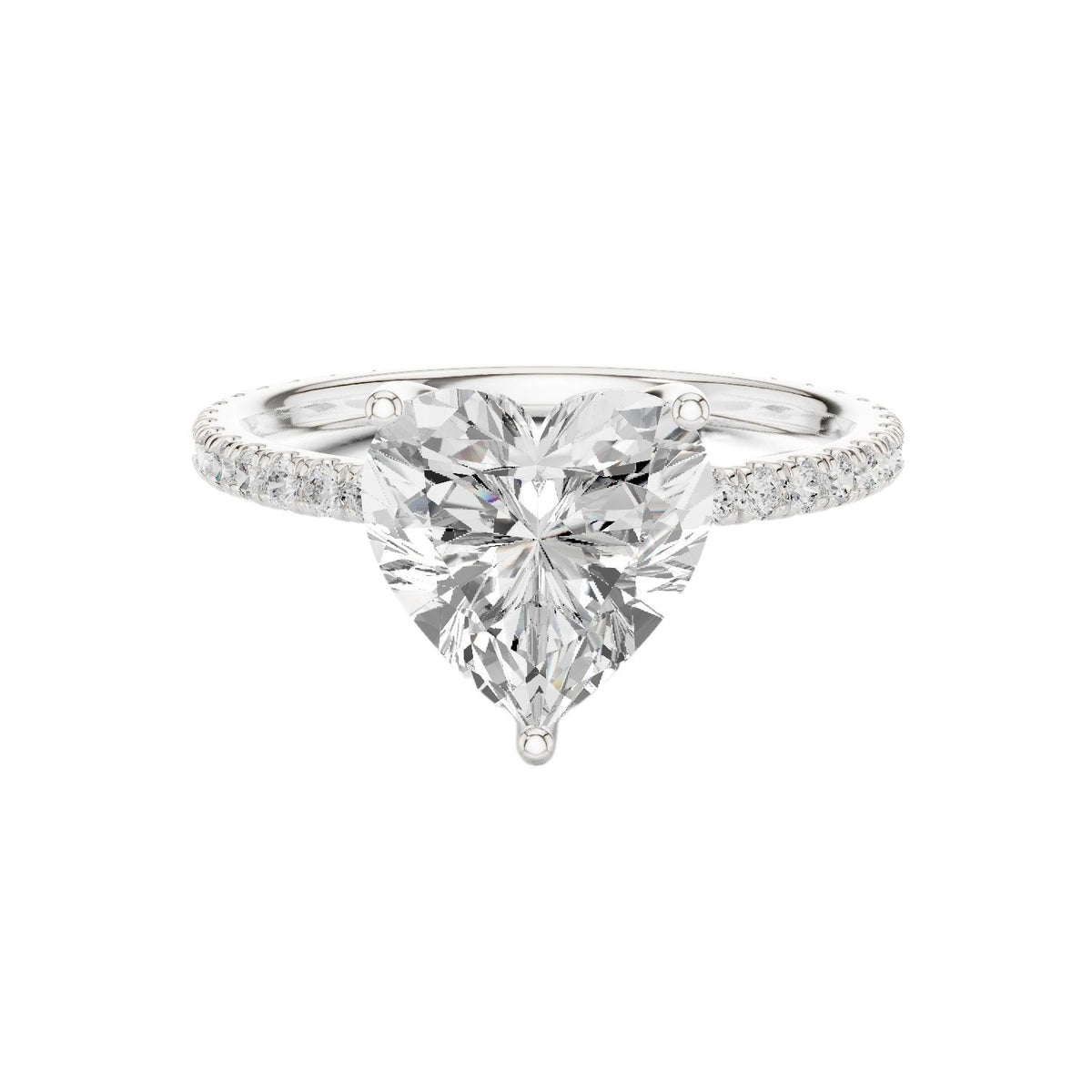 White gold heart-cut diamond ring with pavé band and heart-shaped center stone