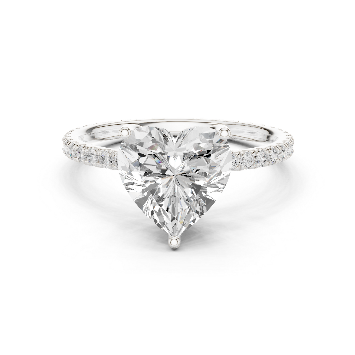 White gold heart-cut diamond ring with pavé band and heart-shaped center stone
