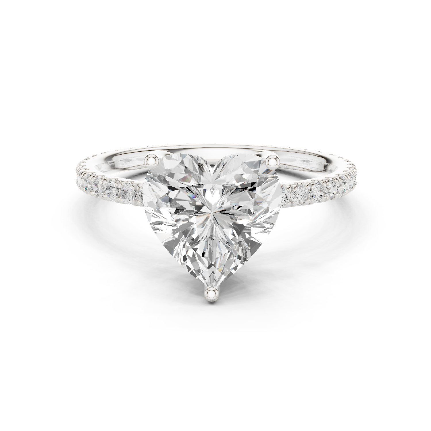 White gold heart-cut diamond solitaire ring with pavé band and prong-set center