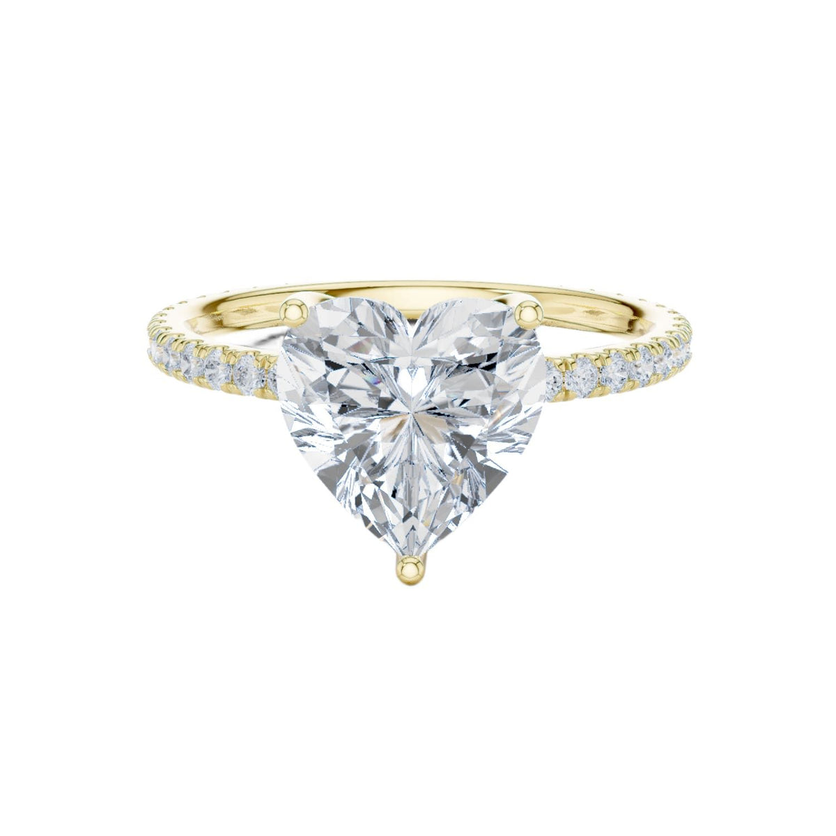 Yellow gold heart-cut diamond ring with pavé band and heart-shaped center stone