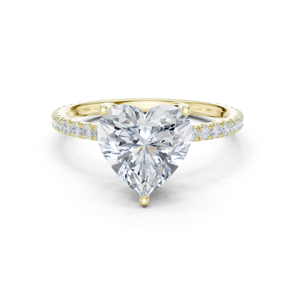 Yellow gold heart-cut diamond ring with pavé band and heart-shaped center stone