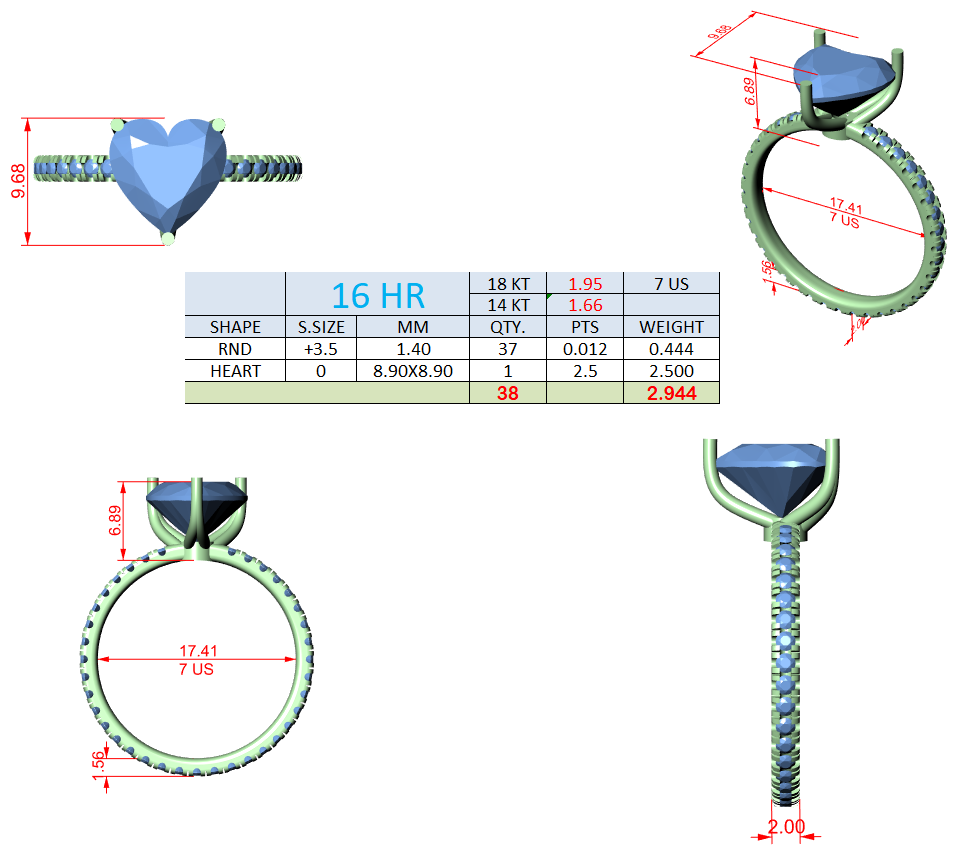 Heart-shaped ring setting diagram with measurements and prong placement details