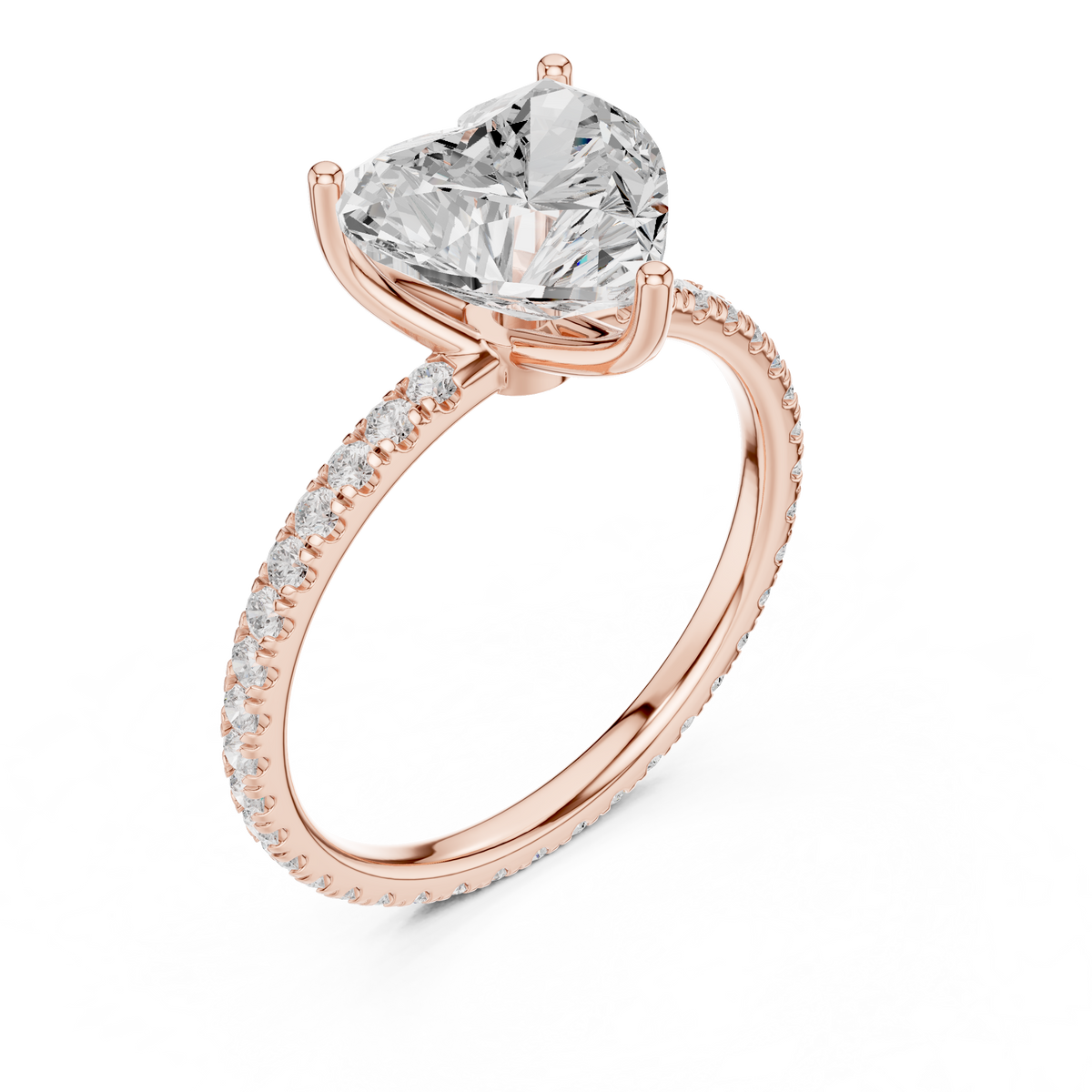 Rose gold heart-cut diamond ring with pavé band and prong-set heart center, angle view