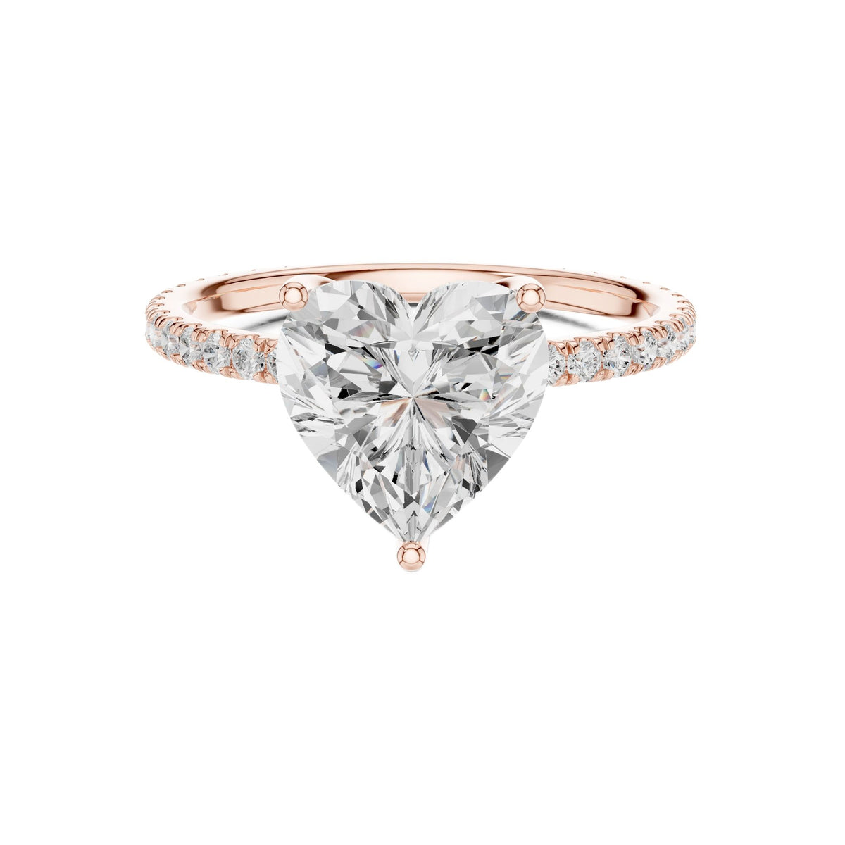 Rose gold heart-cut diamond ring with pavé band and heart center stone, front view