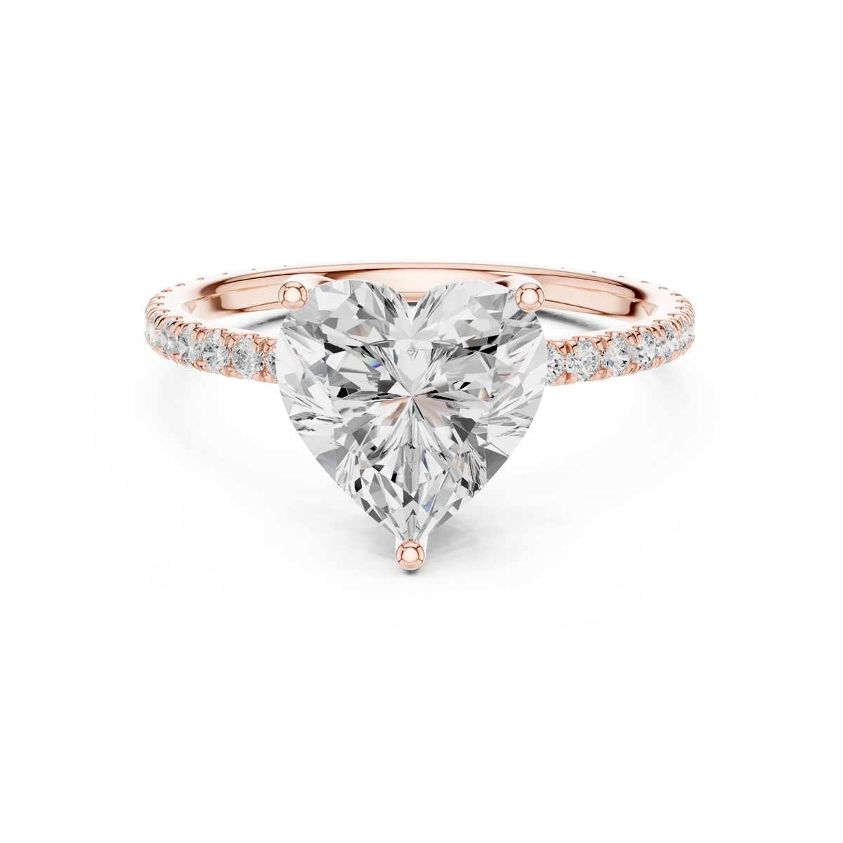 Rose gold heart-cut diamond ring with pavé band and heart center stone, front view