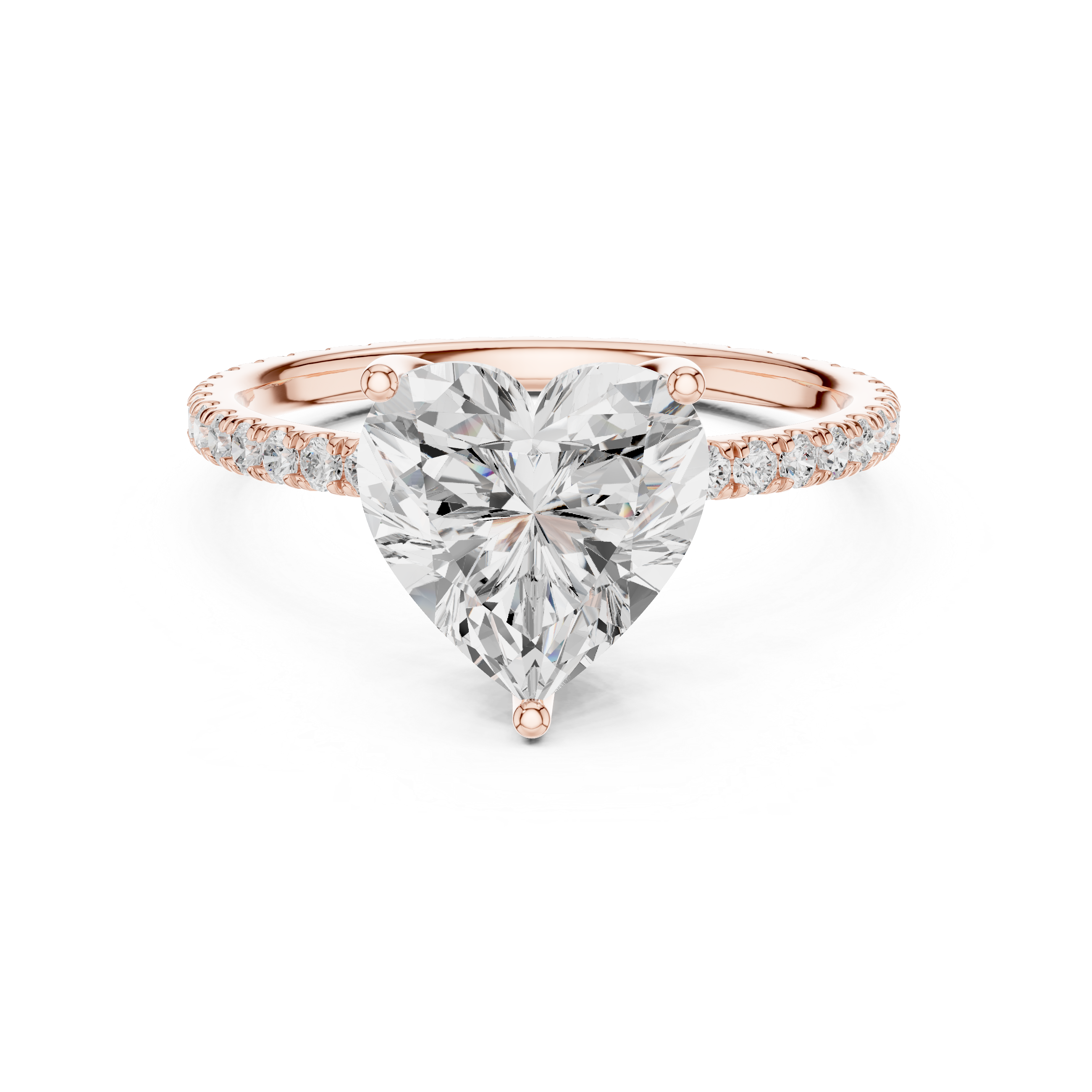 Rose gold heart-cut diamond solitaire ring with prong-set center and pavé shoulders