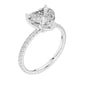 White gold heart-cut diamond ring with pavé band and prong-set heart center, angle view