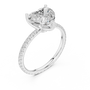 White gold heart-cut diamond ring with pavé band and prong-set heart center, angle view