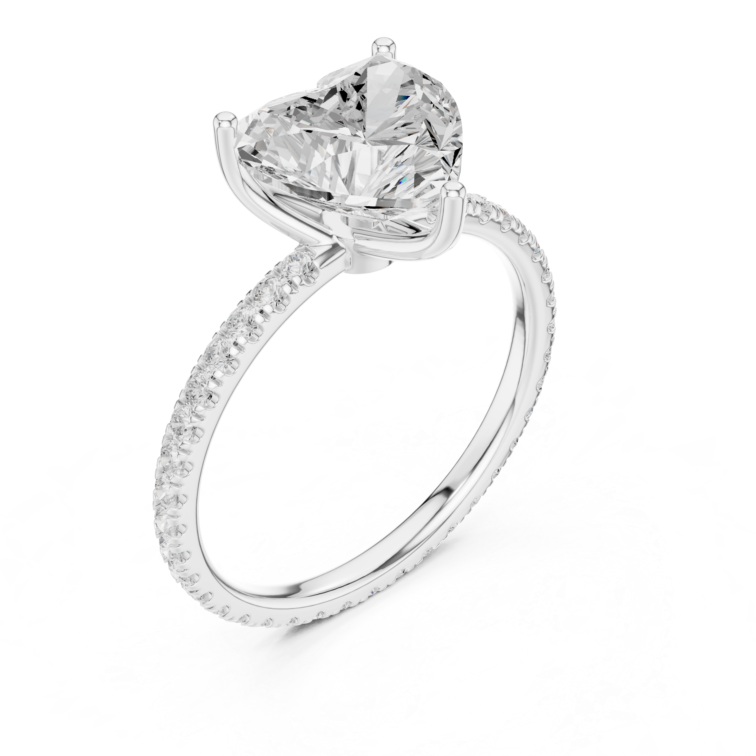 White gold heart-cut diamond solitaire ring with pavé band and prong-set center