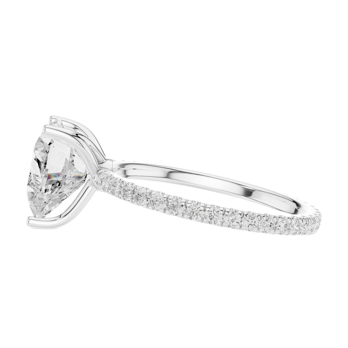 White gold heart-cut diamond ring with pavé band and prong-set heart center stone