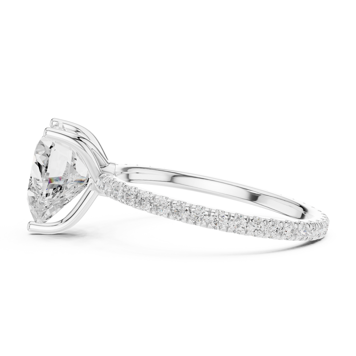 White gold heart-cut diamond ring with pavé band and prong-set heart center stone
